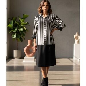 Vintage 80s JOHN ROBERTS 11/12 Black Ivory Striped‎ Midi Long Sleeve Shirt Dress